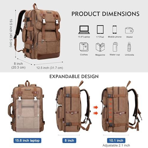 WITZMAN Canvas Travel Backpack for Men Large Laptop Backpack Fit 16 inch Carry-on Airline Approved Convertible Shoulder Rucksack(A6617-3 Brown) - Image 3