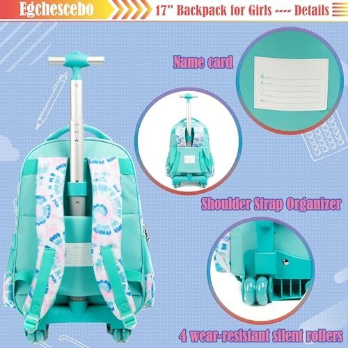 Egchescebo Kids Rolling Unicorn Backpack for Girls Luggage Suitcase With Wheels Trolley Wheeled POP Roller Backpacks for Elementary Travel School Bags 17" 3PCS Toy Backpack With Lunch Box Green - Image 4