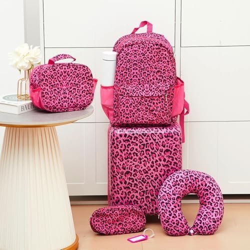 Redbaker 17 Inch 6 Pcs Kids Luggage Set Kids Rolling Luggage Double Pattern Suitcase for Boys Girls (Hot Pink, Leopard Print Style) - Image 7