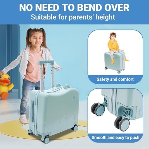 Bitodd 18" Kids Riding Suitcase, Rectangular Kids Luggage, Travel Trolley Case, Freestanding Rolling Luggage with Lock for Short Trips, School Trips, Outings (Azure Blue) - Image 4