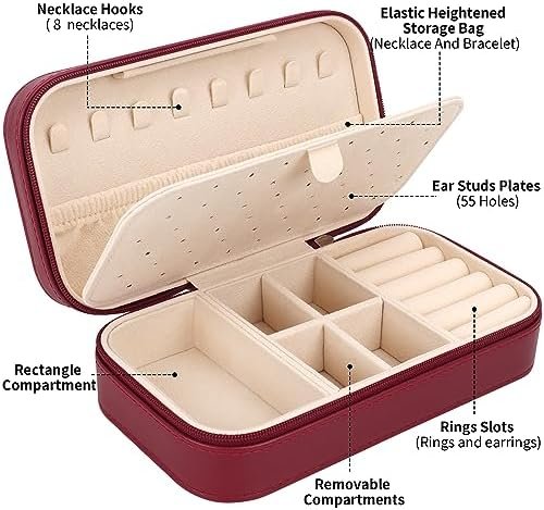 DesignSter Travel Jewelry Box, PU Leather Portable Jewelry Case, Small Jewelry Boxes for Gifts, Travel Jewelry Organizer for Women Rings Earrings Necklaces Bracelets (Wine Red) - Image 2