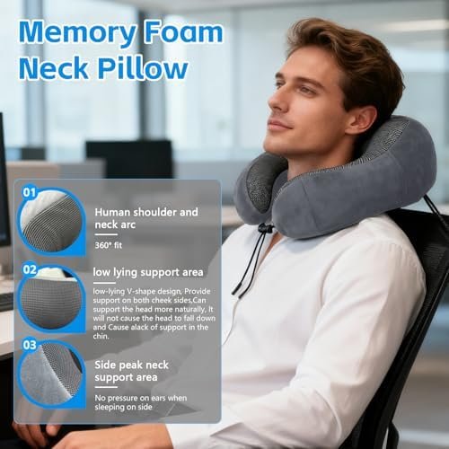 Memory Foam Travel Neck Pillow for Airplane - Ergonomic Support with Adjustable Buckle, Eye Mask & Ear Plugs Included, Machine Washable Cover for Long Flights, Car Rides & Office Use - Image 2