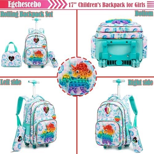 Egchescebo Kids Rolling Unicorn Backpack for Girls Luggage Suitcase With Wheels Trolley Wheeled POP Roller Backpacks for Elementary Travel School Bags 17" 3PCS Toy Backpack With Lunch Box Green - Image 3