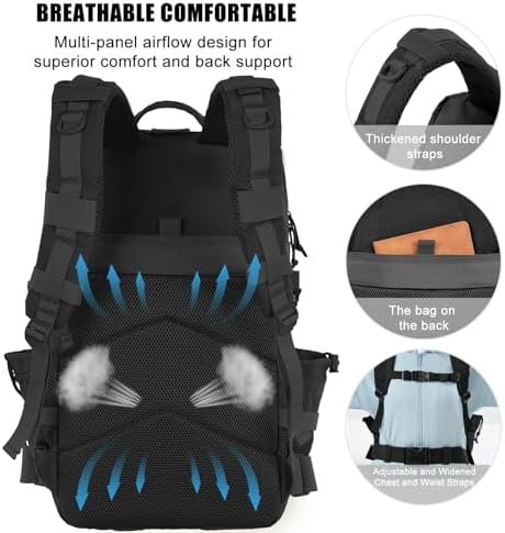 50L Military Tactical Backpack Large Day Backpack for Men Molle Army 3 Days Assault Pack Bug Out Bag Water Resistant and Heavy Duty Hiking Treeking Rucksack - Black - Image 4
