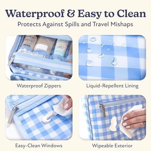 VANDEL Waterproof Hanging Toiletry Bag for Travelling, Hanging Makeup Organizer Bag, Cosmetic Travel Bags for Women, Makeup Case Toiletries Organizer Hygiene Bathroom Shower Caddy - Blue Gingham - Image 3