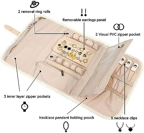 Voova Travel Jewelry Holder Organizer Case, Large Jewelry Storage Bag for Women Girls, Foldable Traveling Jewellery Pouch Roll for Necklaces Rings Earrings Bracelets, Apricot - Image 2