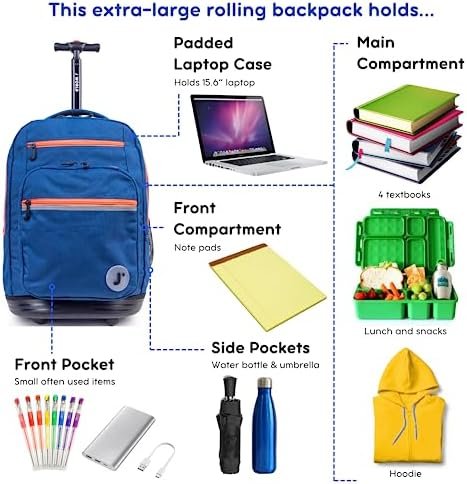 J World Sundance Laptop Rolling Backpack for Girls Boys. Roller Bookbag with Wheels, Navy - Image 3