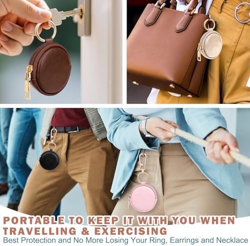 PU Portable Gym Jewelry Ring Bag Holder Box with Keychain, Small Travel Ring Earring Stud Necklace Storage Case (Black) - Image 3