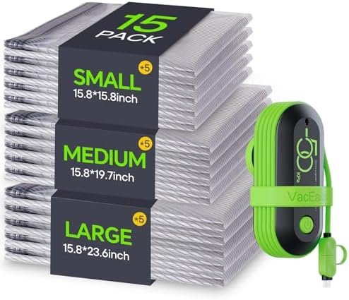 Vacuum Bags for Travel with USB Electric Pump, 15 Pack Carry-on Size Compression Packing for Luggage and Suitcase, Space Saver Bags for Clothes and Clothing Travel