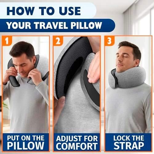 Traveling Neck Pillow – 4-in-1 Set | Adjustable Memory Foam Airline Pillows for Sleeping on Long Flights, Earplugs, Eye Mask, & Cover | Washable Cotton Cover, Hook-and-Loop Closure – Car and Train Use - Image 5