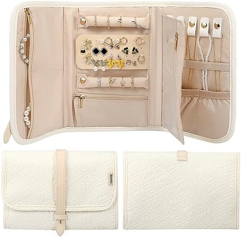 Voova Travel Jewelry Holder Organizer Case, Large Jewelry Storage Bag for Women Girls, Foldable Traveling Jewellery Pouch Roll for Necklaces Rings Earrings Bracelets, Apricot