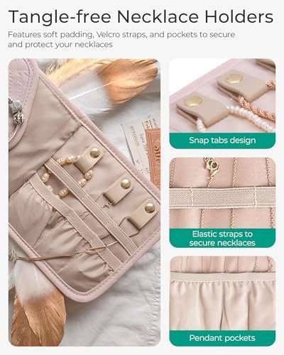 BAGSMART Travel Jewelry Organizer Case Foldable Small Jewelry Roll for Journey Rings, Necklaces, Earrings, Bracelets,Mini,Soft Pink - Image 4