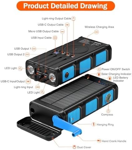 GOODaaa Power Bank Wireless Charger 45800mAh Built in Hand Crank and 4 Cables 15W Fast Charging Power Bank 7 Outputs & 4 Inputs Solar Portable Charger, SOS/Strobe/Strong Flashlights, Compass - Image 9