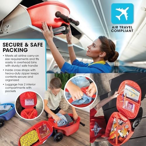 Kiddietotes 3-D Hardside Scooter Ride On Suitcase for Kids - Cute Lightweight Kids Luggage with Wheels - Fun LED Lights - Image 4
