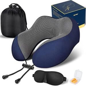 MLVOC Travel Pillow 100% Pure Memory Foam Neck Pillow, Comfortable & Breathable Cover, Machine Washable, Airplane Travel Kit with 3D Contoured Eye Masks, Earplugs, and Luxury Bag, Standard (Blue)