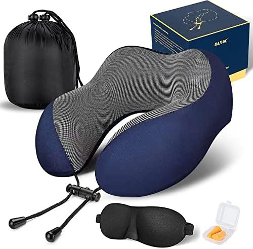 MLVOC Travel Pillow 100% Pure Memory Foam Neck Pillow, Comfortable & Breathable Cover, Machine Washable, Airplane Travel Kit with 3D Contoured Eye Masks, Earplugs, and Luxury Bag, Standard (Blue)