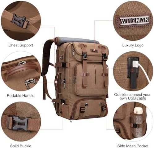 WITZMAN Travel Backpack for Men 40L Large Carry-on Airline Approved Convertible 3 in 1 laptop Bags Fit 17 inch(A8013 Brown) - Image 9