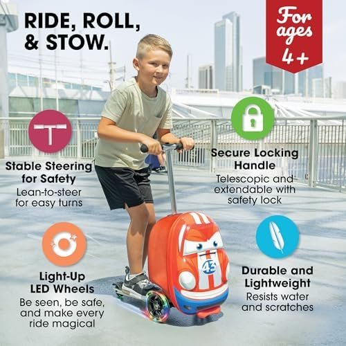 Kiddietotes 3-D Hardside Scooter Ride On Suitcase for Kids - Cute Lightweight Kids Luggage with Wheels - Fun LED Lights - Image 2