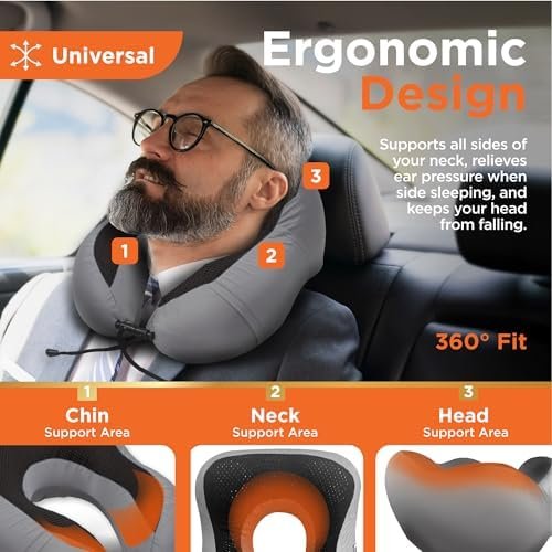 BLACK+DECKER Cooling Gel Memory Foam Neck Pillow – Travel Pillow for Plane, Car & Train – Ergonomic Neck Support, Slow Rebound Memory Foam, Washable Cover, Universal Fit, Grey - Image 4