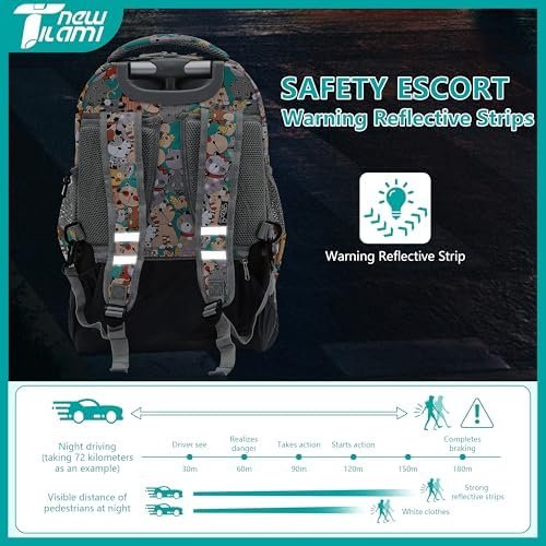 NEW TILAMI 16 Inch Rolling Backpack with Lunch Bag for Kids Adjustable Handle Carry-on Suitcase Wheels for Girls Boys School Travel Camping, Teal Cat Print - Image 8