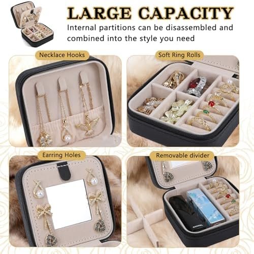 Travel Jewelry Case and Organizer with Mirror,Portable Mini Storage Box for Rings, Earrings, Necklaces, Gift for Mother Mom, Girl, Daughter, Sisters, Bridesmaids, Mother's Day Gift（Black） - Image 4