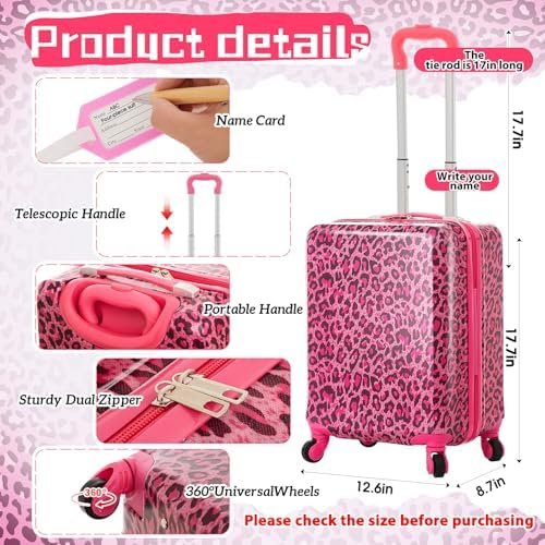 Redbaker 17 Inch 6 Pcs Kids Luggage Set Kids Rolling Luggage Double Pattern Suitcase for Boys Girls (Hot Pink, Leopard Print Style) - Image 2