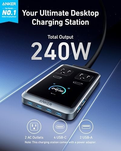 Anker Prime Charging Station, 240W 8-in-1 USB C Power Strip, 5 ft Detachable Extension Cord, 2 AC, 4 USB C, 2 USB A, for iPhone 15/14, Desktop Accessory for MacBook, Home, Office (Not for Travel) - Image 2