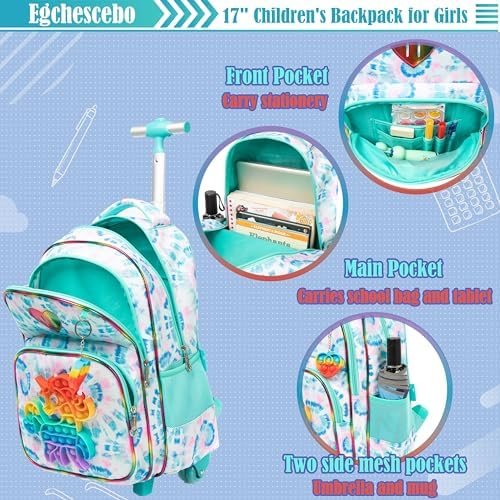 Egchescebo Kids Rolling Unicorn Backpack for Girls Luggage Suitcase With Wheels Trolley Wheeled POP Roller Backpacks for Elementary Travel School Bags 17" 3PCS Toy Backpack With Lunch Box Green - Image 6