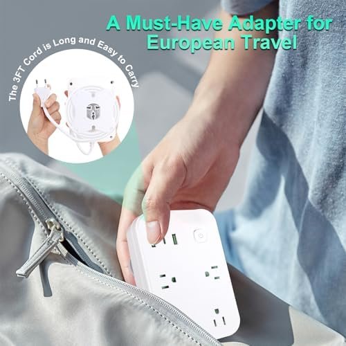 European Travel Plug Adapter, European Power Strip with 4 AC Outlets 1 USB C and 2 USB Ports, Europe to US Plug Adapter Type C for EU Germany France Spain Italy Travel (3ft) - Image 7