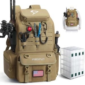 Piscifun 52L Fishing Tackle Backpack with Rod Holders & 4 Tackle Boxes, Large Tackle Bag for Gear Storage with Rain Cover