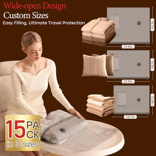 Vacuum Bags for Travel with Rechargeable air Pump, 15 Pack Carry-on Size Compression Packing Bags for Luggage and Suitcase, Space Saver for Clothes and Clothing Travel - Image 3