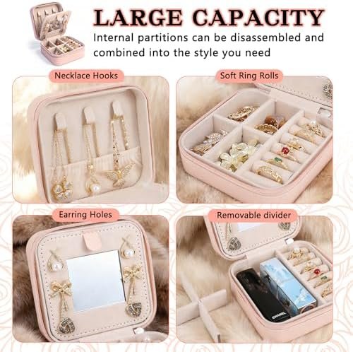 Travel Jewelry Case and Organizer with Mirror,Portable Mini Storage Box for Rings, Earrings, Necklaces, Gift for Mother Mom, Girl, Daughter, Sisters, Bridesmaids, Mother's Day Gift - Image 4