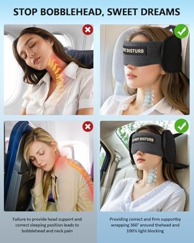 Travel Pillows for Airplanes, Plane Pillow with Eye Mask for Long Flights Sleeping, 360° Support Airplane Head Strap Compact Flight Essentials for Travel Sleep Neck Upright, Stop Bobblehead (Grey) - Image 3