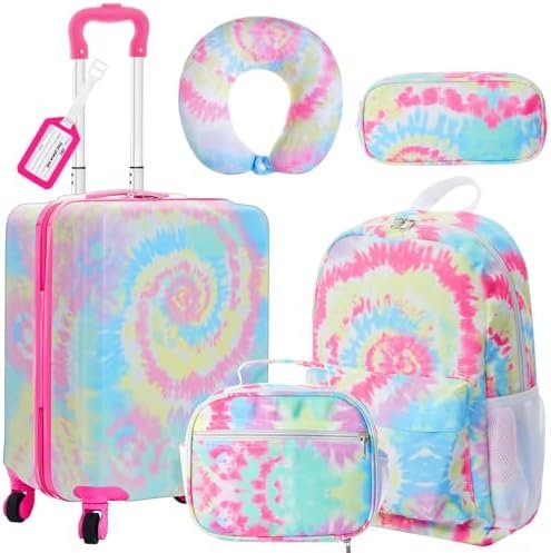 Redbaker 17 Inch 6 Pcs Kids Luggage Set Kids Rolling Luggage Double Pattern Suitcase for Boys Girls (Pink and Purple, Tie-dye Style)