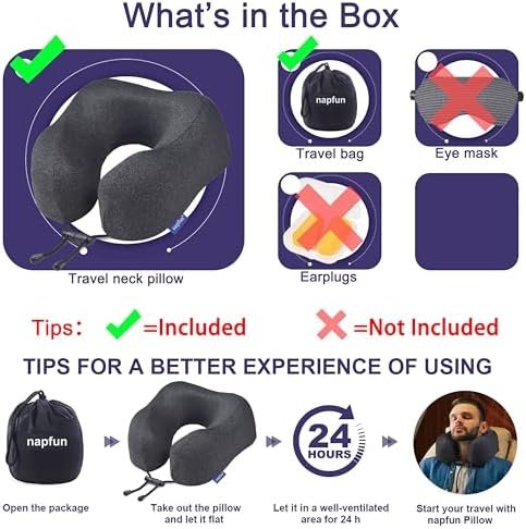 napfun Neck Pillow for Traveling, Upgraded Travel Neck Pillow for Airplane 100% Pure Memory Foam Travel Pillow for Flight Headrest Sleep, Portable Plane Accessories, Simple Sets (Optional), Full Black - Image 6