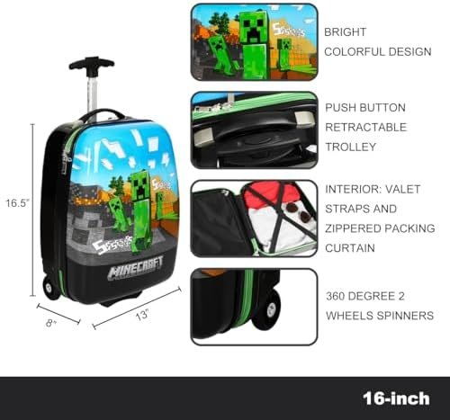 Bioworld Minecraft Cliffside Creepers Youth 18" 2-Wheeled Hardside Luggage - Image 4