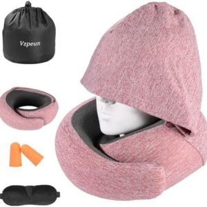 Travel Pillow - Hooded Neck Pillow Airplane Memory Foam Filling for Plane, Office, Cars Sleeping, Road Trip, Long Flights, Portable Plane Accessories, Includes Eye Mask & Earplugs (Red)