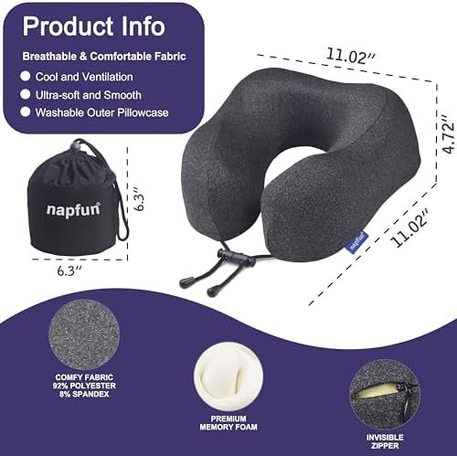 napfun Neck Pillow for Traveling, Upgraded Travel Neck Pillow for Airplane 100% Pure Memory Foam Travel Pillow for Flight Headrest Sleep, Portable Plane Accessories, Simple Sets (Optional), Full Black - Image 2