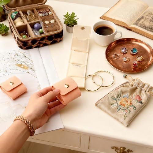 2 Pcs Mini Travel Jewelry Bag, Portable Foldable Small Jewelry Organizer with Snap Button, Compact Jewelry Case for Earrings Rings Necklaces - Lightweight Jewelry Storage Organizer, White, Pink - Image 4