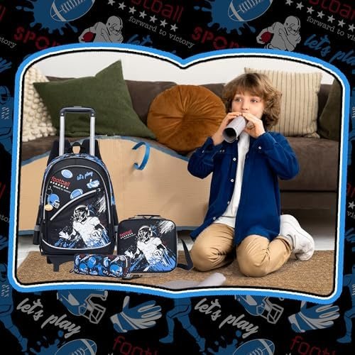 Meetbelify Kids Football Backpacks with Wheels for Boys Football Rolling Backpack with Lunch Box for Elementary Students Black Trip Luggage for Boys Ages 6-8 - Image 7