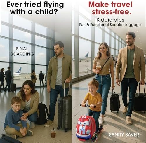 Kiddietotes 3-D Hardside Scooter Ride On Suitcase for Kids - Cute Lightweight Kids Luggage with Wheels - Fun LED Lights - Image 3