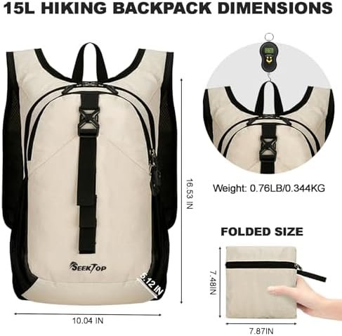 Seektop 15L Small Hiking Backpack for Women Men, Lightweight Hiking Packable Daypack with Phone Pocket for Travel Camping (Beige, 15L) - Image 4