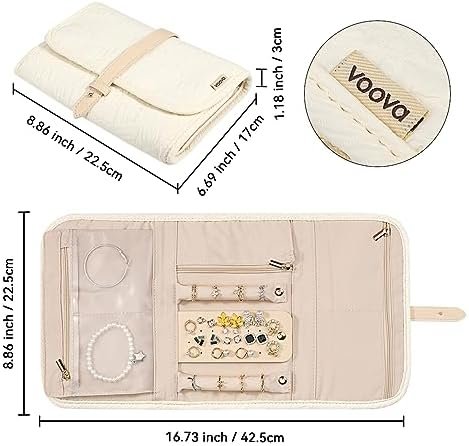 Voova Travel Jewelry Holder Organizer Case, Large Jewelry Storage Bag for Women Girls, Foldable Traveling Jewellery Pouch Roll for Necklaces Rings Earrings Bracelets, Apricot - Image 4