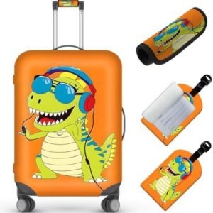 Travel Luggage Cover,Cartoon Dinosaur Theme Suitcase Cover Accessory Kit, Luggage Tag, and Comfortable Luggage Handle Wrap, Washable Zipper Close Luggage Suitcase Protector (18-20 inch,S)
