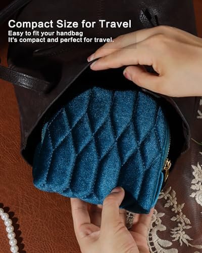Small Travel Jewelry Case, Mini Travel Jewelry Bag with Zipper, 5-Layer Velvet Organizer Pouch for Bracelet Rings Earrings - Diamond Stitched Velvet Teal Blue - Image 8