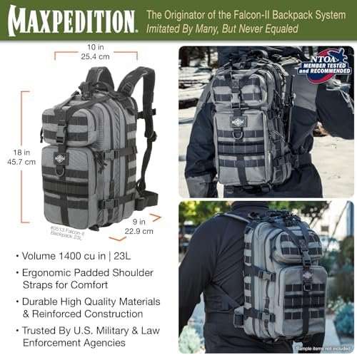 MAXPEDITION Falcon-II Backpack (Wolf Gray) 23L Tactical Backpack, Survival Pack, Bug Out Bag, MOLLE Compatible Go Bag Optimized for EDC & Military, 0513W - Image 3