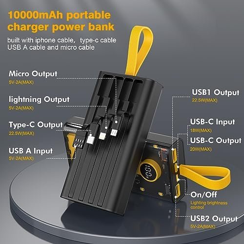 Portable Charger 10000mAh,22.5W Fast Charging Power Bank with Built in Cables,Transparent External Battery Pack with Flashlight,USB C in&out Portable Phone Charger for iPhone Samsung Android Cellphone - Image 2