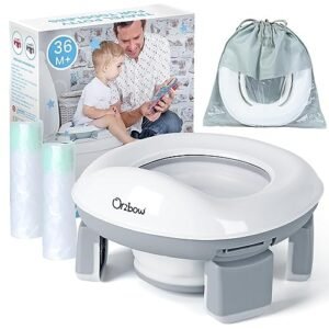 Orzbow Portable Potty Training Toilet, Travel Potty Seat for Toddler Boys Girls with Splash Guard, Potty Training Essentials, Foldable, Includes Free Travel Bag and 40 Liners, Indoor/Outdoor Use, Grey
