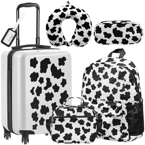 Redbaker 17 Inch 6 Pcs Kids Luggage Set Kids Rolling Luggage Double Pattern Suitcase for Boys Girls (Black and White, Cow Style)