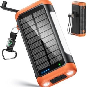 DJKK Solar Power Bank Portable Charger:66800mAh Built in Hand Crank and 3 Cables 22.5W Fast Charging Phone External Battery Pack(5 Outputs & 5 Inputs) with Camping Flashlights/Table Lamp/Compass